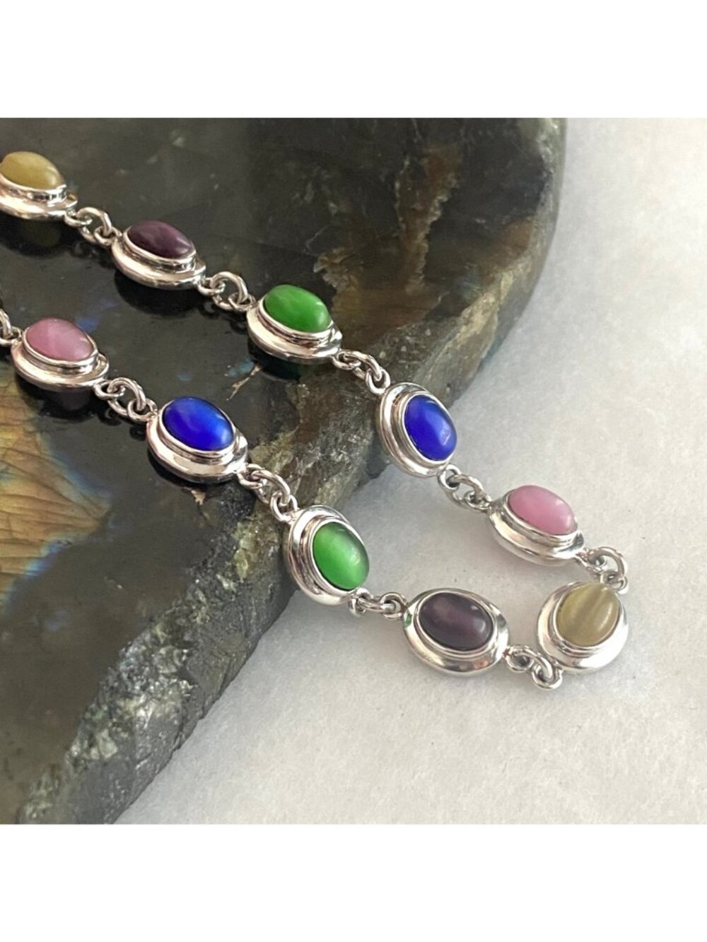Sterling Silver 925 Multi Colored Oval Cats Eye Link Station Bracelet Sz 7.75" - Picture 6 of 16